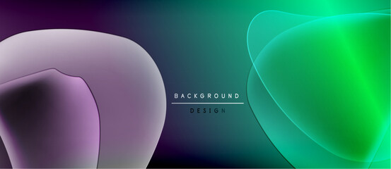 Abstract gradients blend purple, teal, green. Overlapping shapes create dynamic visual effect. Minimalist design with text element.