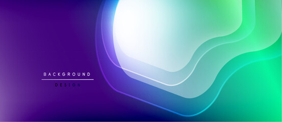 Abstract background features flowing purple, green gradients. Overlapping layers create dynamic visual effect. Minimal text present.