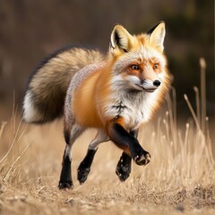 Obraz premium Red Fox Running Through Dry Grass