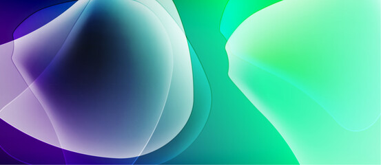 Abstract fluid shapes blend, creating vibrant color gradients. Purple, blue, teal hues dominate composition. Smooth transitions suggest movement.