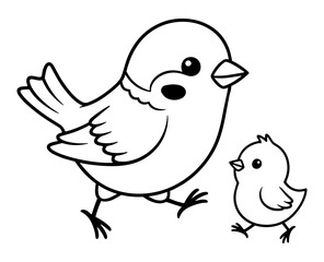 Cartoon Mother Bird and Chick Outline Illustration