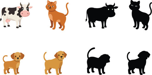 Fototapeta premium Cute cartoon farm animals and pets with black silhouette counterparts for contrast and design