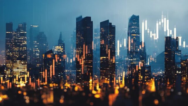 Cityscape with Financial Graphs: A captivating cityscape with the digital overlay of stock market charts, reflecting financial growth and urban dynamism.