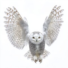 Snowy Owl in Flight Against White Background