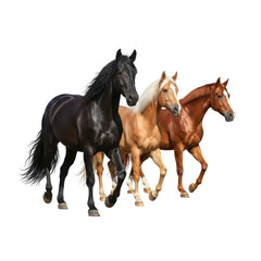 Three beautiful horses, a black, a palomino, and a chestnut, trot gracefully together. Ideal for themes of freedom, strength, and natural beauty.