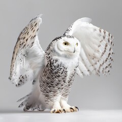 Snowy Owl with Spread Wings on Gray Background