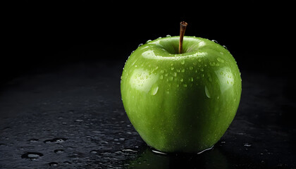 A crisp green apple glistening with water droplets on a dark background—ideal for healthy food branding, packaging, diet campaigns, or premium product advertisements