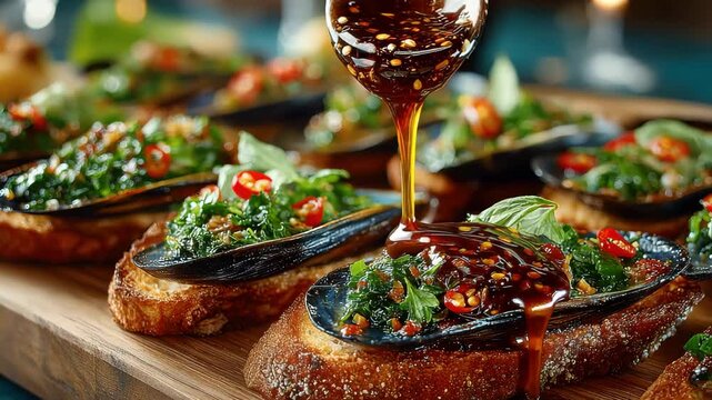 Closeup of Spicy Mussels on Toasted Bread with Dark Sauce