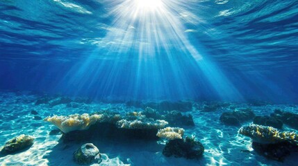 Fototapeta premium Underwater Scene with Sunlight Rays Illuminating Coral Reefs and Ocean Floor in Crystal Clear Water