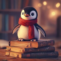 Baby penguin with red scarf standing on old books