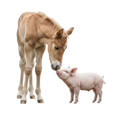A heartwarming moment between a young horse and a piglet as their noses touch. This tender interaction showcases an unlikely animal friendship and bond.