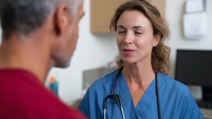 A friendly and approachable healthcare professional in scrubs warmly engaging with a patient, illustrating the essential bond of trust and care in the medical field and healthcare experience.