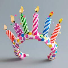 Colorful birthday candle headband on a gray background