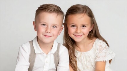 Smiling children, Happiness, and Innocence: Two young children radiate pure joy as they share a close embrace, their beaming smiles reflecting a bond of unconditional affection and innocence.