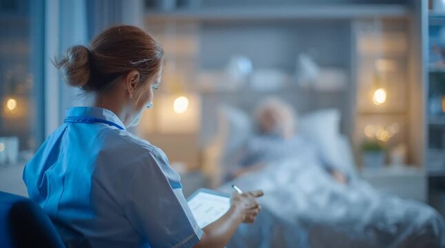 Nurse Documenting Incident Report Beside Resting Patient in Hospital Room
