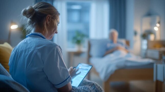 Nurse Documenting Incident Report Beside Resting Patient in Hospital Room
