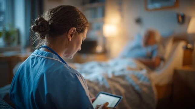 Nurse Documenting Incident Report Beside Resting Patient in Hospital Room