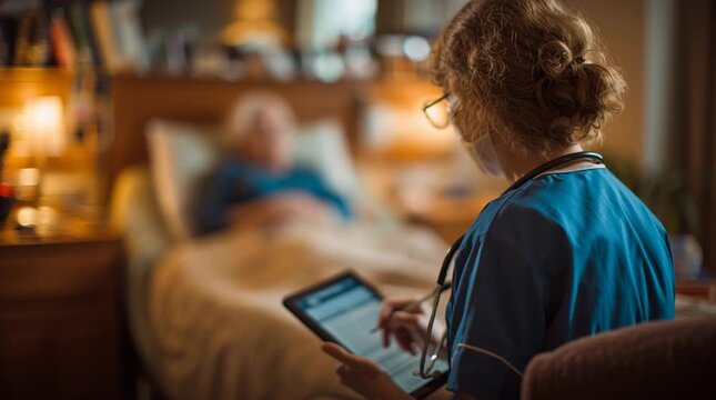 Nurse Documenting Incident Report Beside Resting Patient in Hospital Room