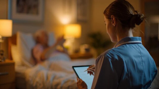 Nurse Documenting Incident Report Beside Resting Patient in Hospital Room