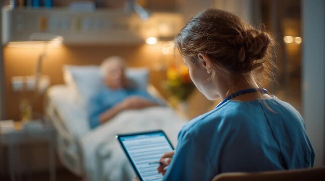 Nurse Documenting Incident Report Beside Resting Patient in Hospital Room