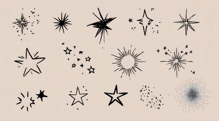A collection of twelve hand-drawn starburst and star illustrations in black ink on a beige background, varying in style and complexity