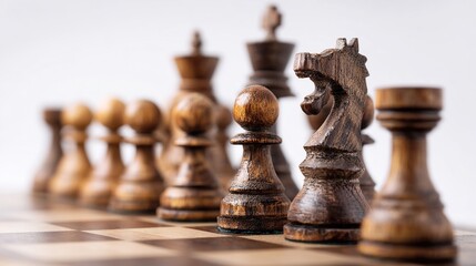 A close-up of dark wood chess pieces arranged on a light-colored board, showcasing pawns, knights, and kings in a mid-game setup; shallow depth of field emphasizes the foreground pieces