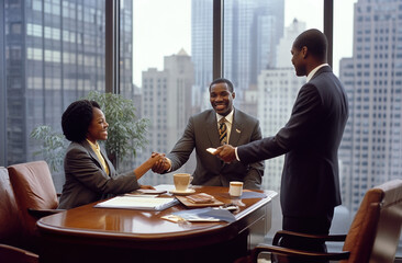 A Black man shaking hands with an African American woman in business attire sitting at the table