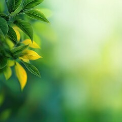 Lush green foliage with vibrant yellow leaves against a soft, blurred background, creating a serene and peaceful nature scene