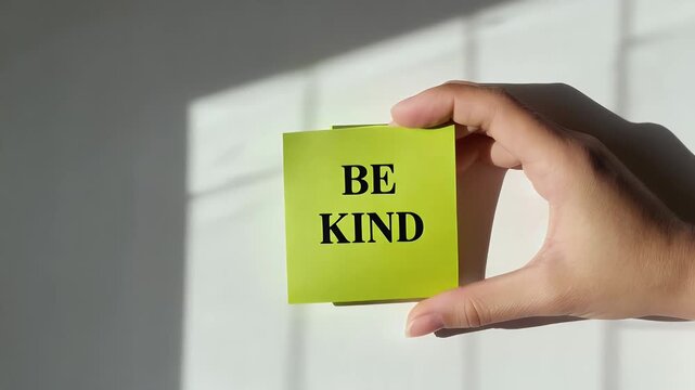 Hand holding a yellow sticky note with the text "Be Kind".