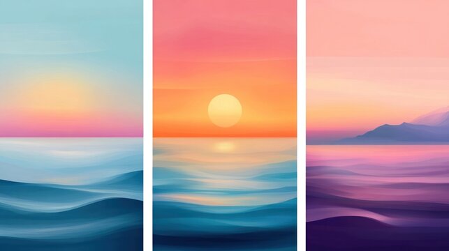 Beautiful sunrise or sunset in ocean. Gradient summer sea background set. Color abstract background for app, web design, webpage, banner, greeting card. Modern style, trendy vector illustration