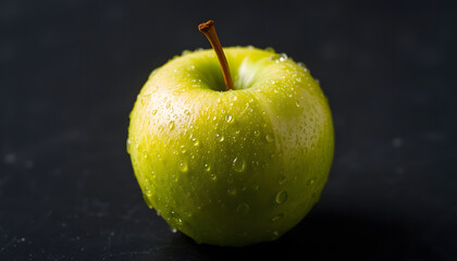 A crisp green apple glistening with water droplets on a dark background—ideal for healthy food branding, packaging, diet campaigns, or premium product advertisements
