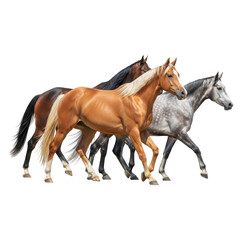 A dynamic image features three horses of varying colors, including a palomino, a dark horse, and a dappled grey, trotting gracefully in unison. Ideal for equestrian themes.