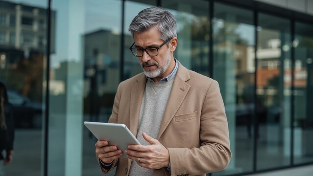 Mature professional man using a digital tablet device in a modern urban setting, representing connectivity and efficient business communication outdoors.