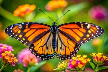 Fototapeta premium Monarch butterfly perched on vibrant flowers in a colorful garden