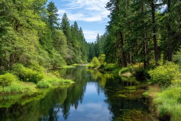 Fototapeta premium Serene forest river reflecting lush green trees under a bright blue sky with wispy clouds
