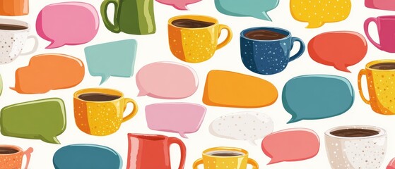 Colorful coffee cups and speech bubbles create a lively, conversational pattern, suggesting a social gathering or lively discussion