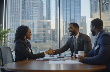 A Black man shaking hands with an African American woman in business attire sitting at the table 