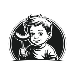 Cheerful boy holding sausage on stick child food