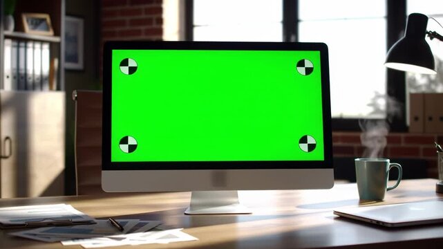Desktop computer with green screen on modern wooden desk in bright home office, ideal for digital content, app mockups, virtual presentations.
