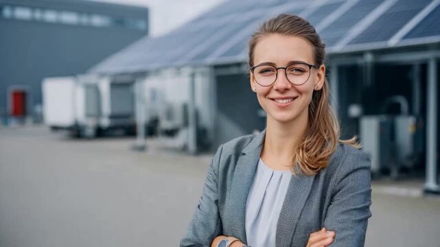 Smart Businesswoman: A confident and intelligent businesswoman stands in front of a modern building with solar panels, emanating expertise and success.