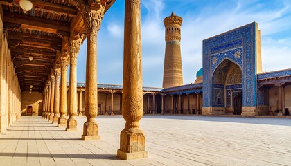Ancient courtyard with columns and tower