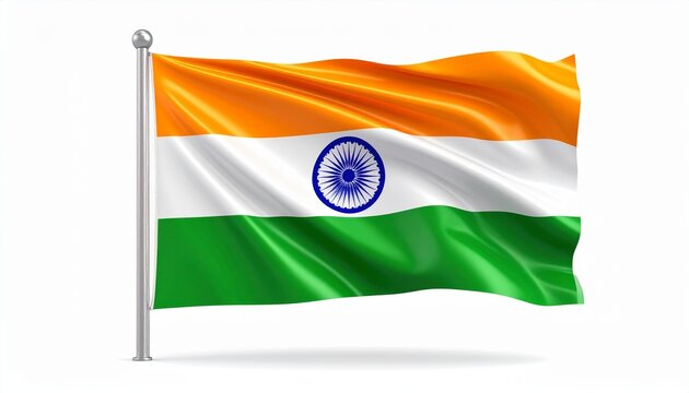 The National Flag of India waving gracefully on a metal flagpole against white background