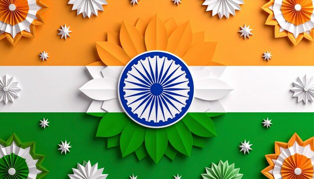 Indian flag colors and Ashok chakra in paper art for Independence Day celebration