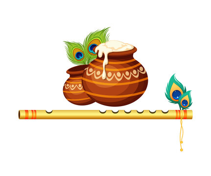 Janmashtami Pot with Butter, Flute and Peacock Feather Isolated on Transparent Background