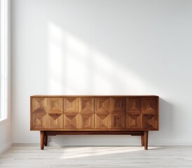 Mid-century modern sideboard with geometric wood inlay against a minimalist white wall, sunlit