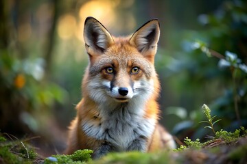 A striking portrait of a red fox amidst the lush greenery of the forest