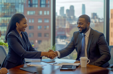 A Black man shaking hands with an African American woman in business attire sitting at the table