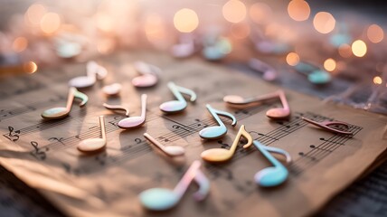 Pastel musical notes scattered on sheet music with bokeh lights image