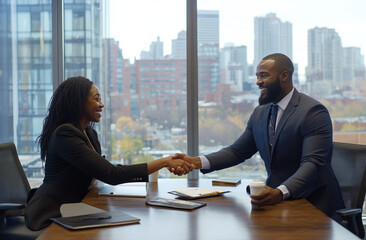 A Black man shaking hands with an African American woman in business attire sitting at the table
