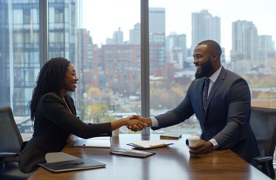 A Black man shaking hands with an African American woman in business attire sitting at the table